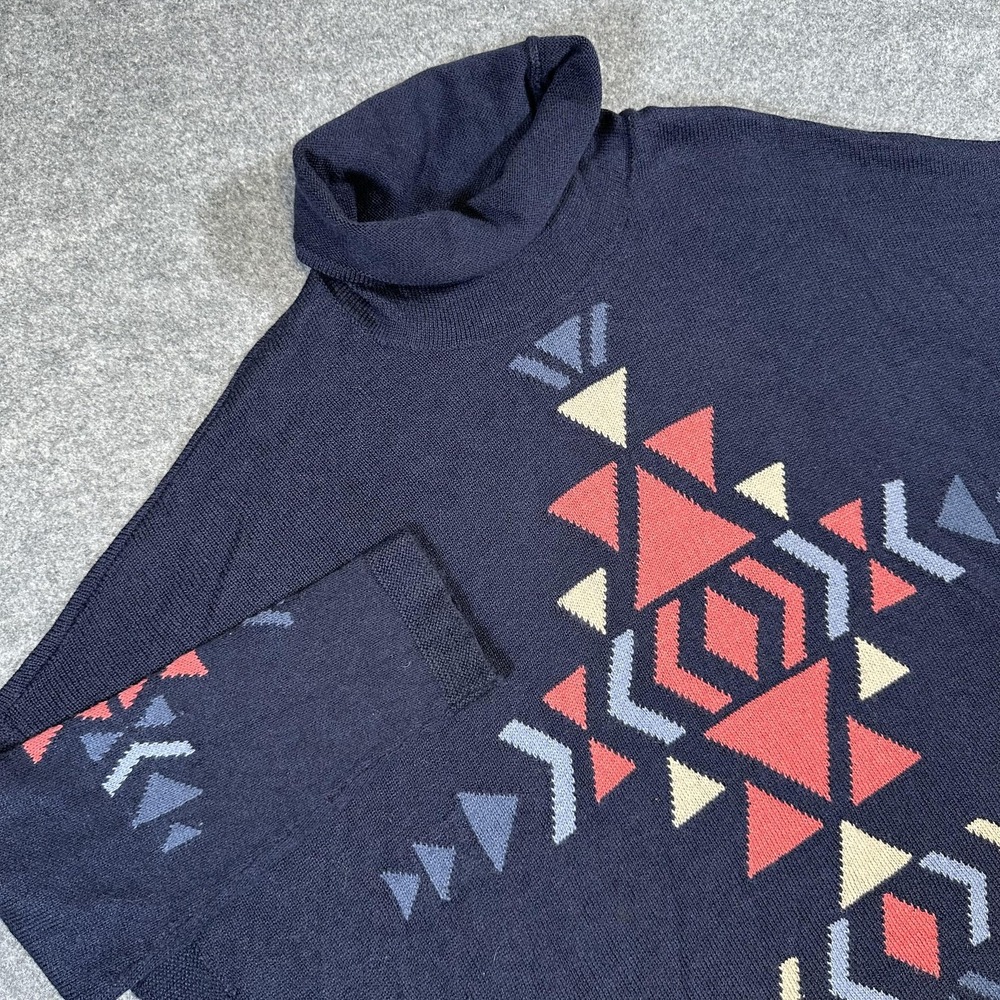 J Jill Sweater Womens Large Navy Blue Geometric Aztec Print Turtleneck Poncho